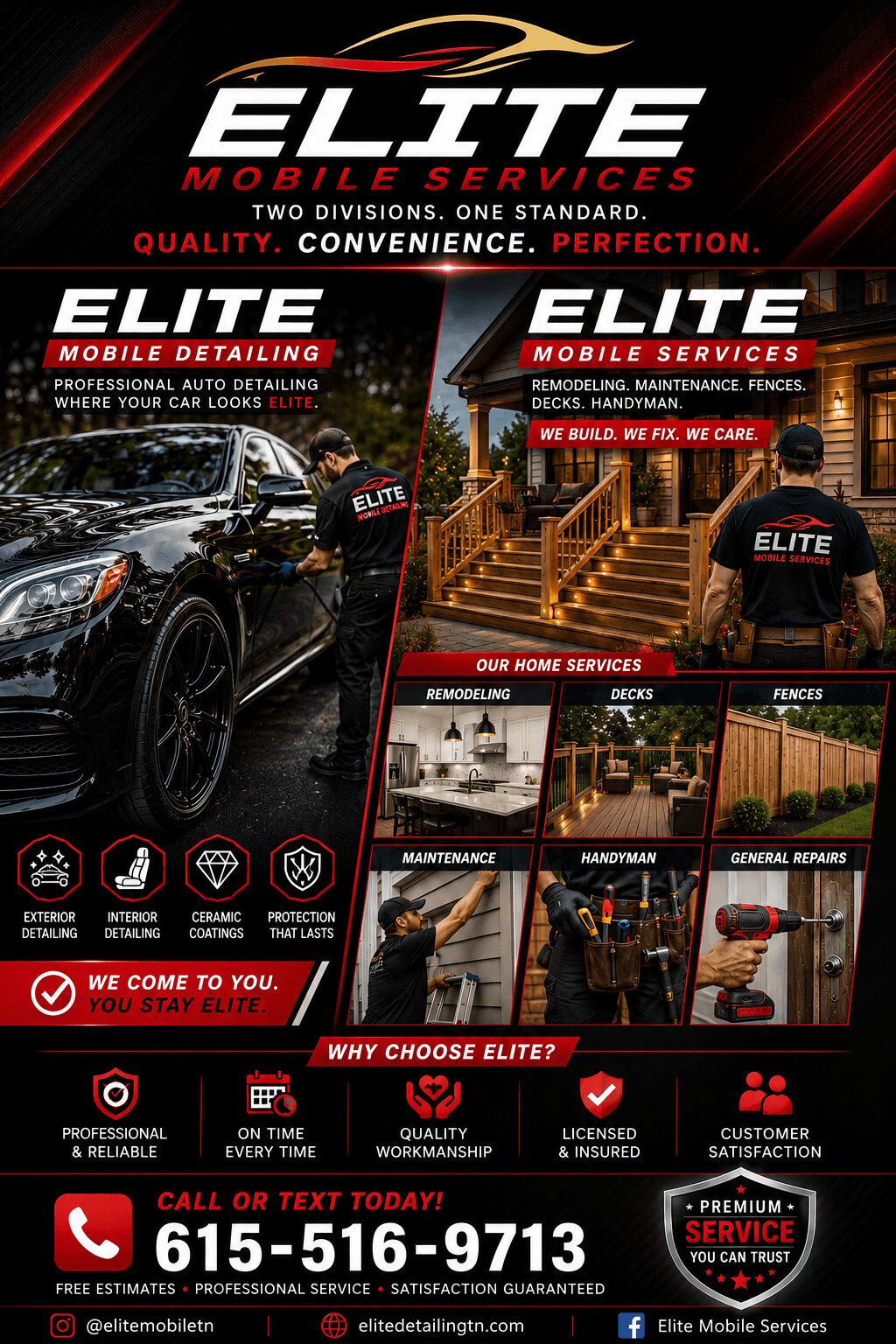 Elitez Mobile Services advertisement with a black car, text about detailing, maintenance, and services, and contact information.