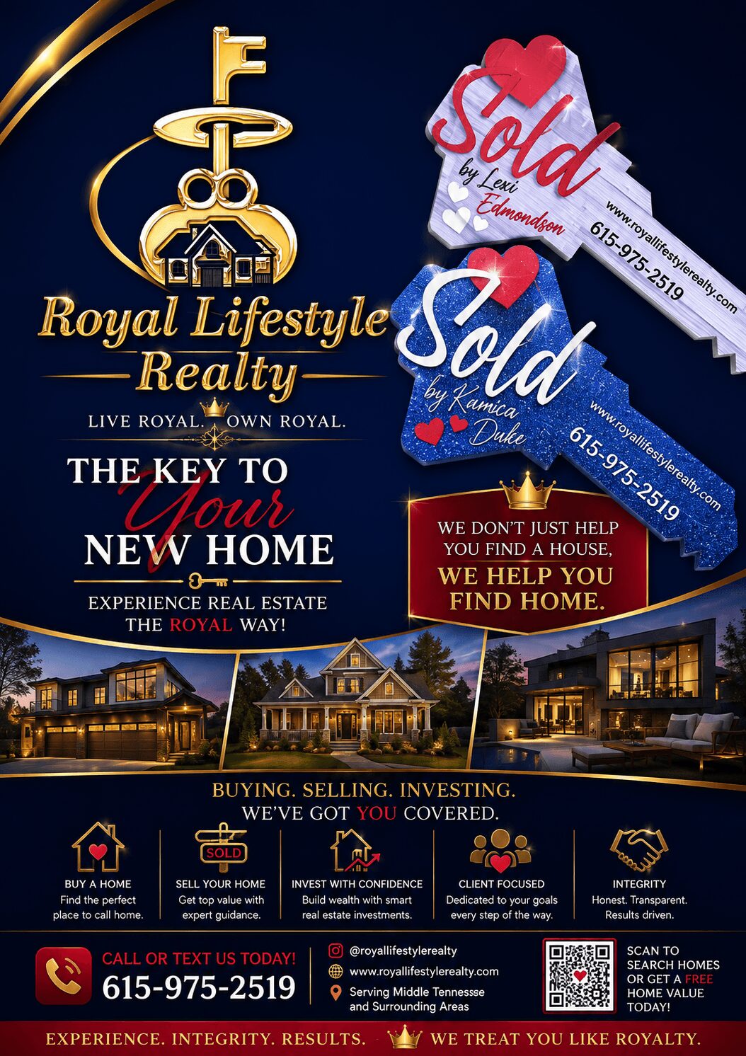Real estate signs with 'Sold' messages, a house, and a neighborhood at night, promoting a real estate company.
