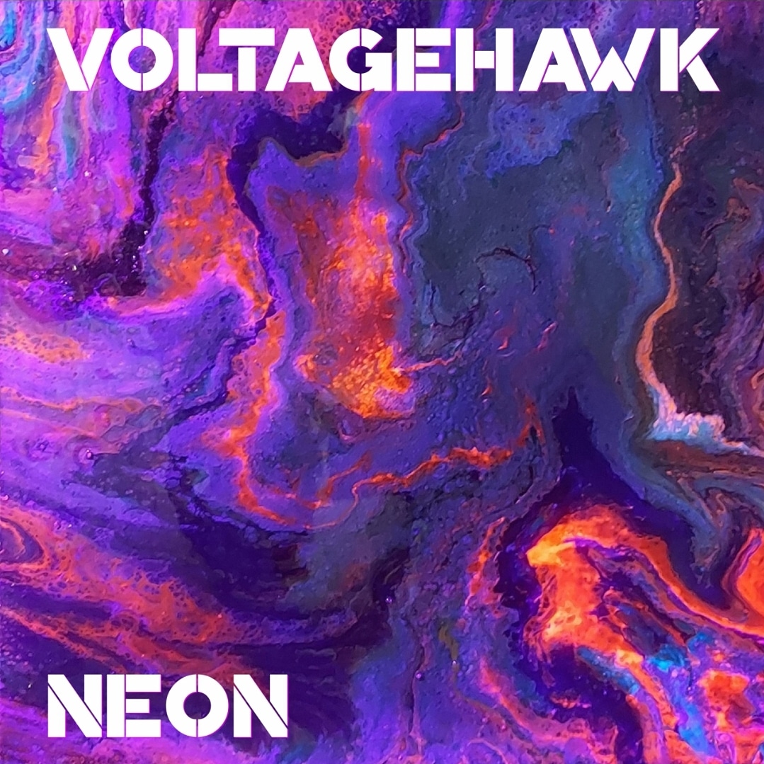 Abstract swirling purple, orange, and blue background with white text reading 'VOLTAGEHAWK' and 'NEON'.