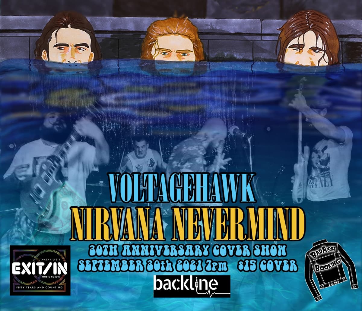 Three people with long hair peeking above water, with band and event details below, celebrating Nirvana Nevermind's 30th anniversary.