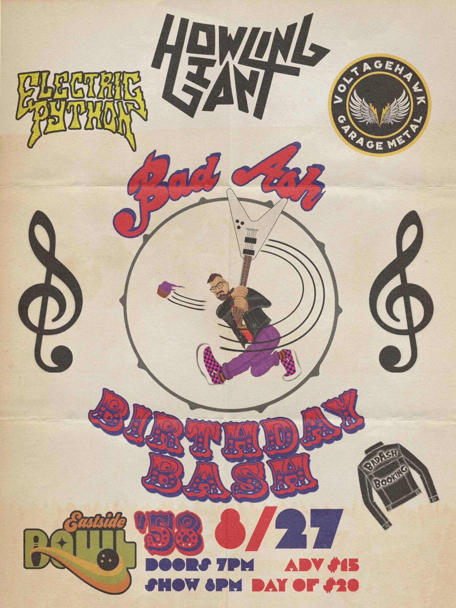 A person is spinning on a circular platform with musical notes, surrounded by event details and logos, on a white background.