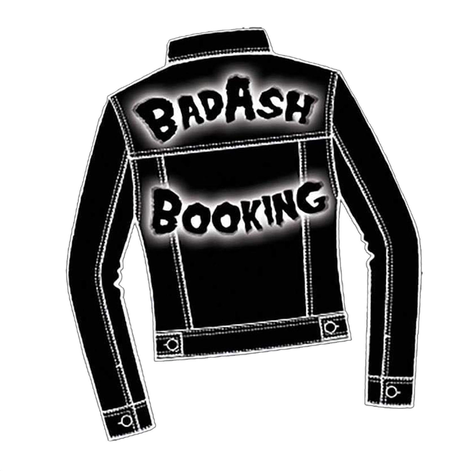 Black jacket with white stitching and text 'BADASH BOOKING' on the back, displayed against a white background.