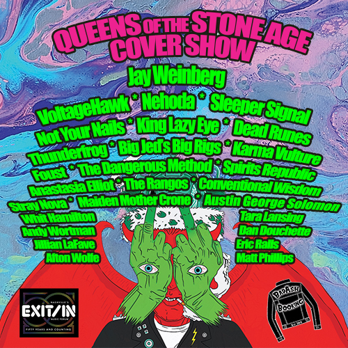 A colorful poster for Queens of the Stone Age cover show featuring band names in green and pink text, with a cartoonish green creature holding its head.