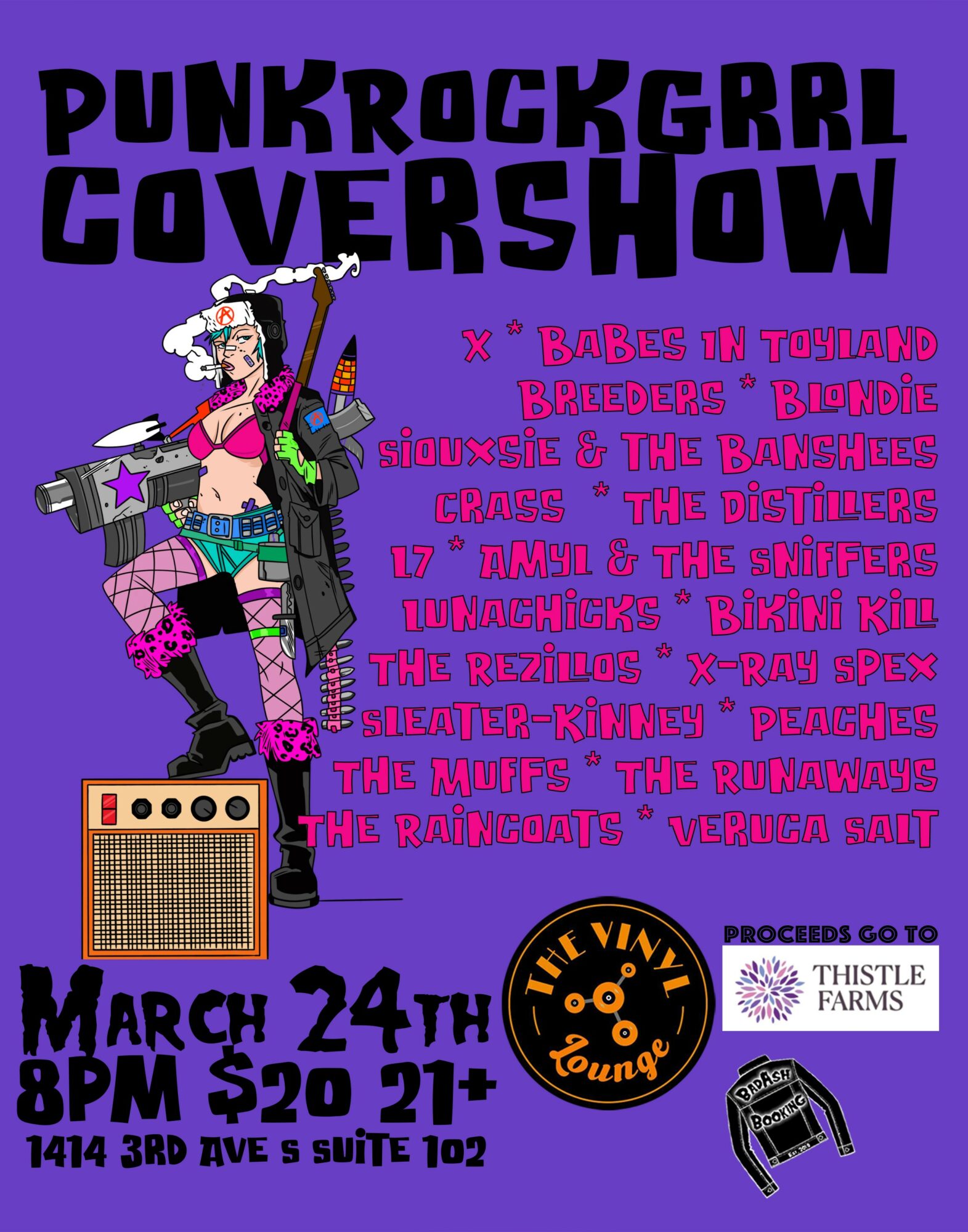 Illustration of a punk rock girl with colorful hair, holding a guitar, standing next to an amplifier, with event details below.