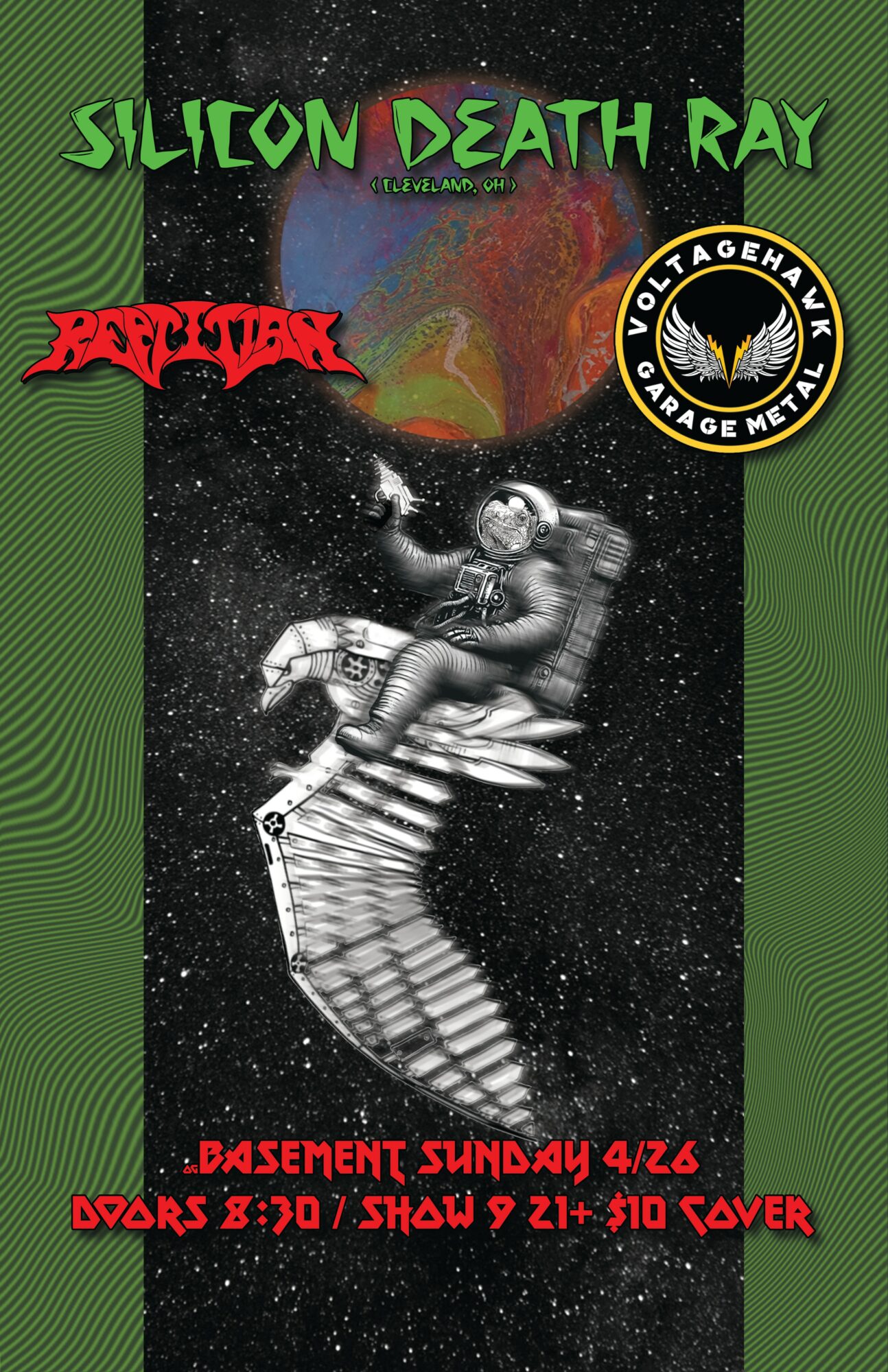 Event poster with band names, date, and time details, featuring a space-themed illustration of a robotic hand holding a human hand.