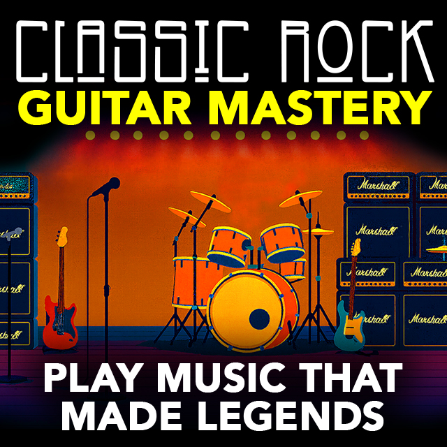 Stage with drums, guitars, and amplifiers, promoting classic rock guitar mastery and legendary music.