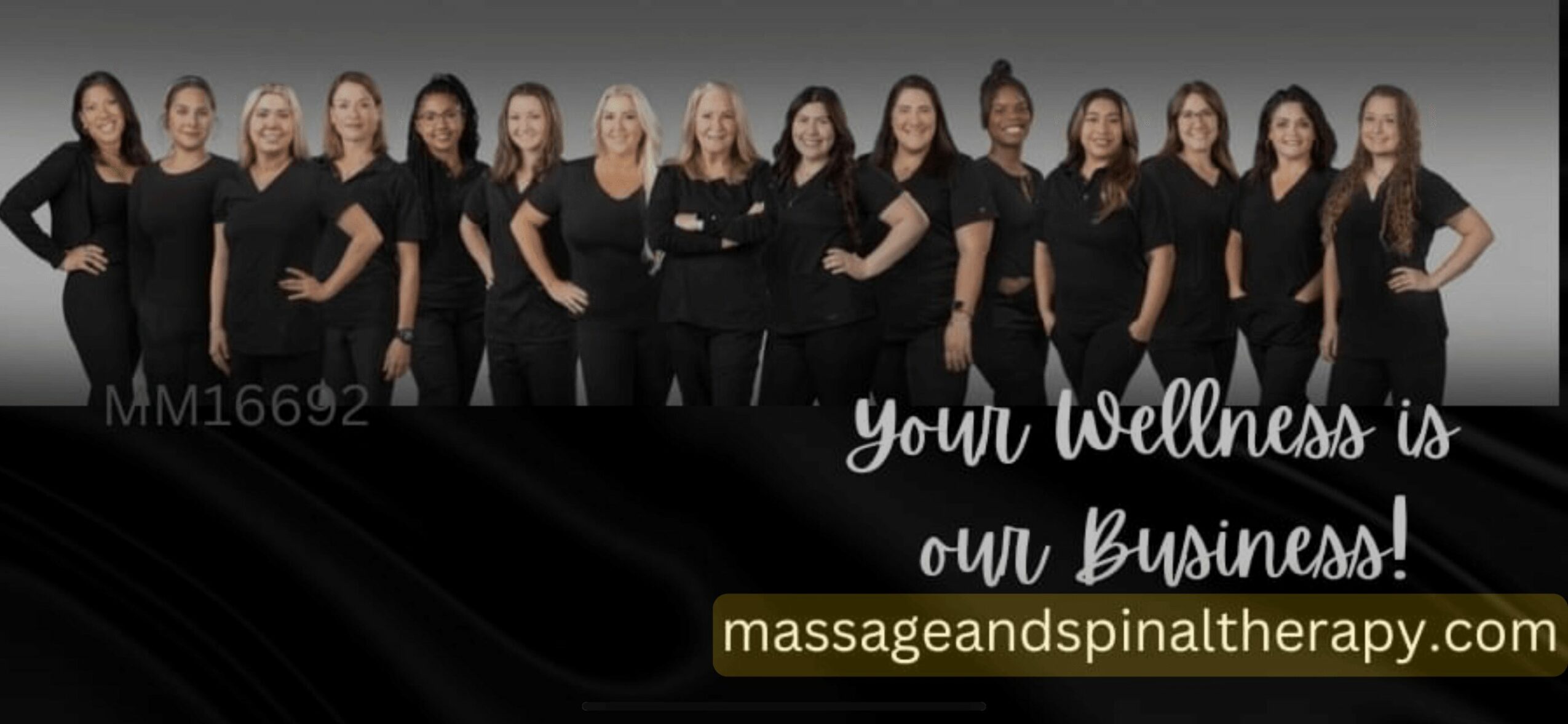 Group of women standing together, smiling, with text about wellness and business, and a website link.