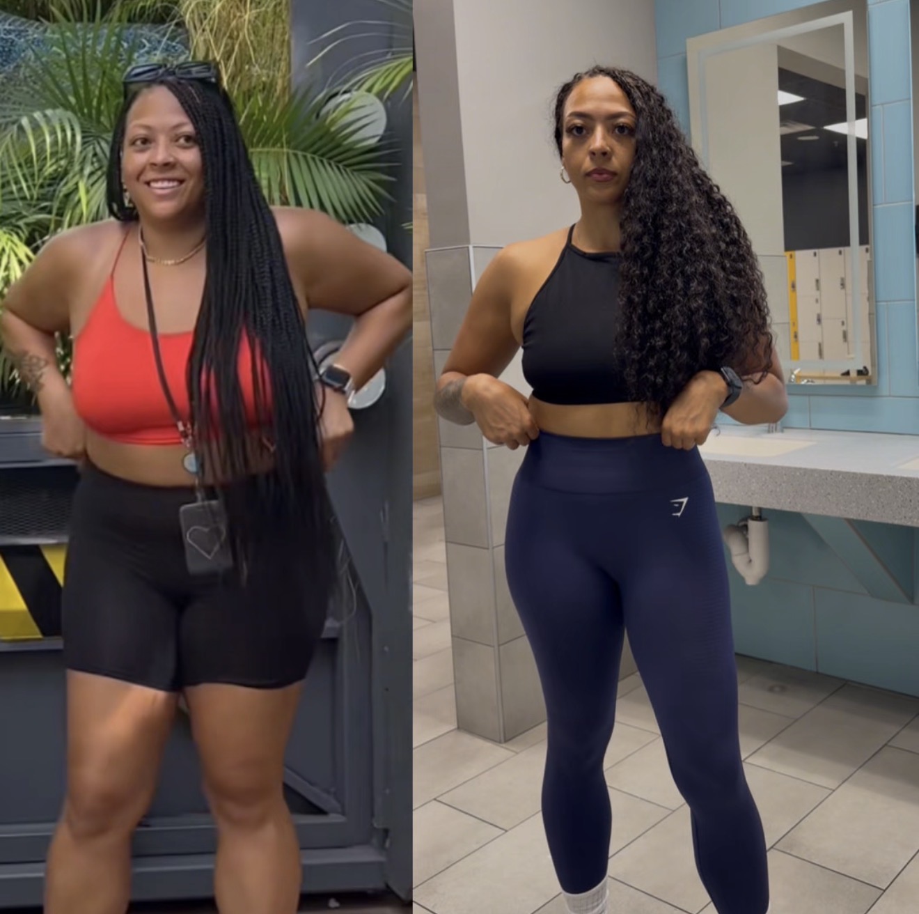 Two women in workout clothes, one smiling outdoors, the other standing indoors with arms flexed, both in athletic settings.