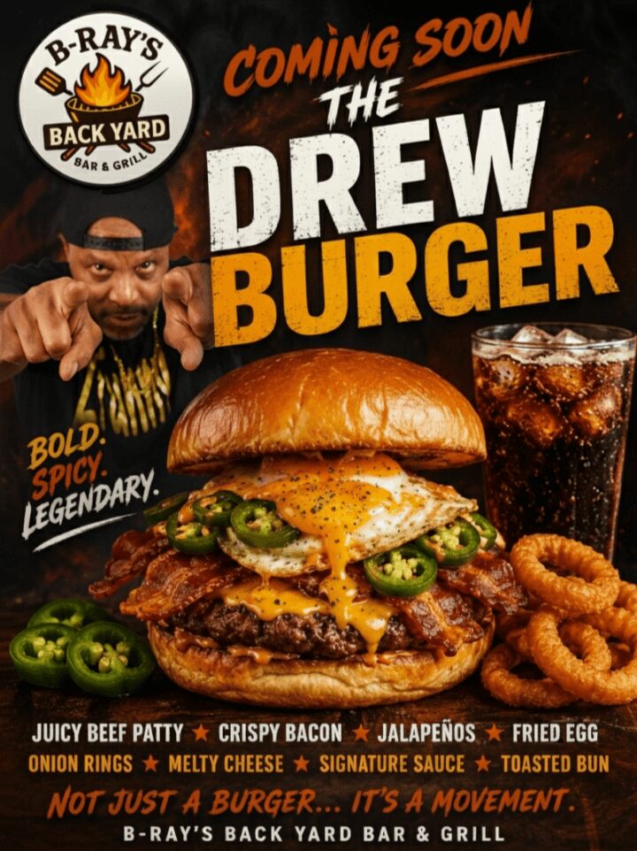 Promotional poster for Drew Burger featuring a burger with jalapeños, fried egg, and onion rings, with a drink and a person pointing.