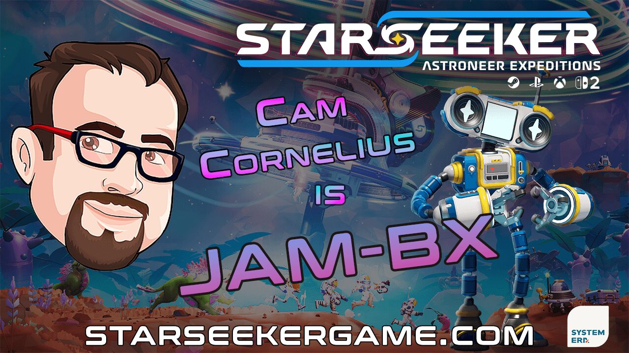 Cartoon face of a man with glasses, a robot, and colorful text on a space background.