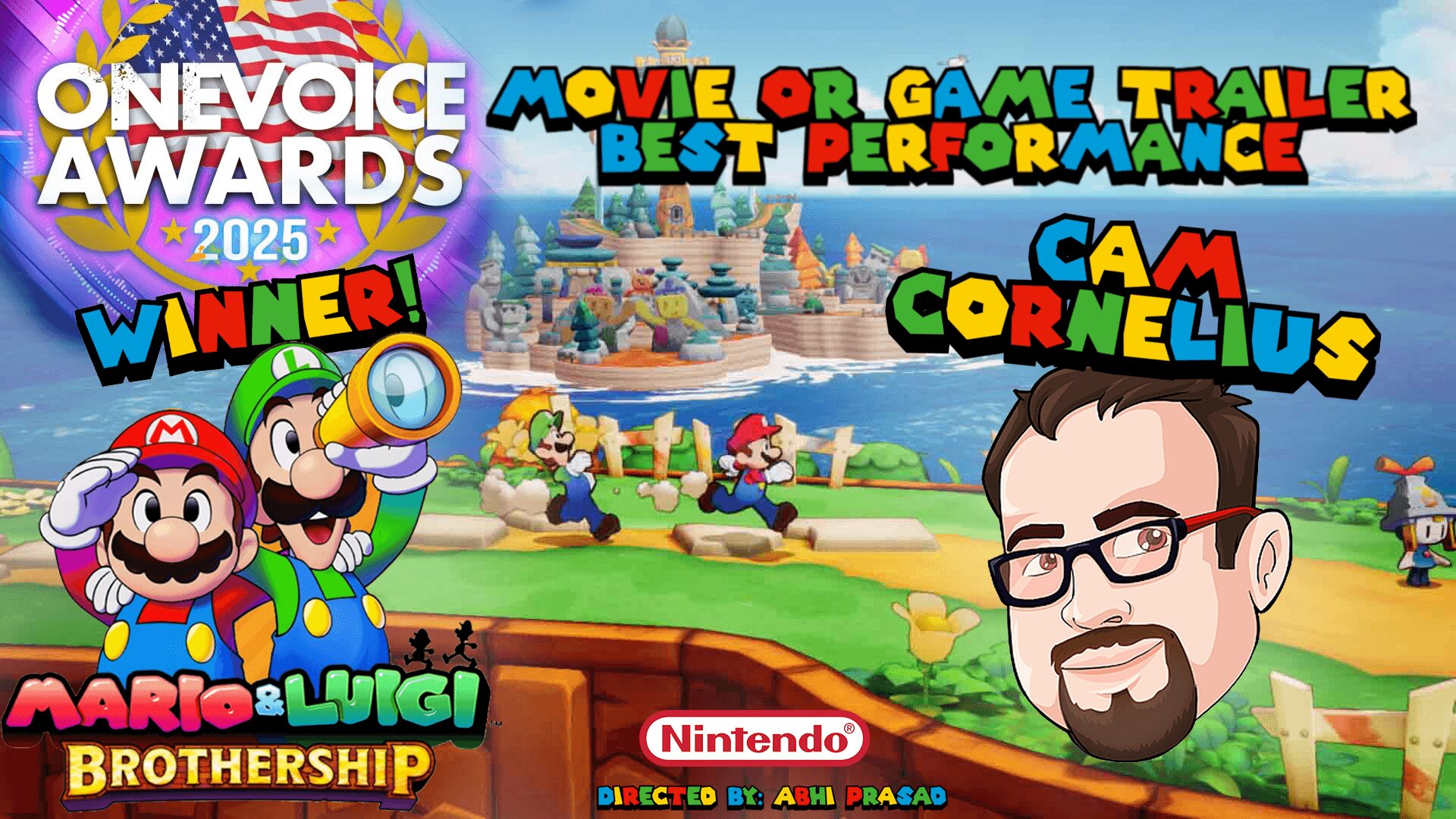 Colorful graphic promoting awards for best performance in movie or game trailer, featuring Mario, Luigi, and Cam Cornelius with a Nintendo logo.