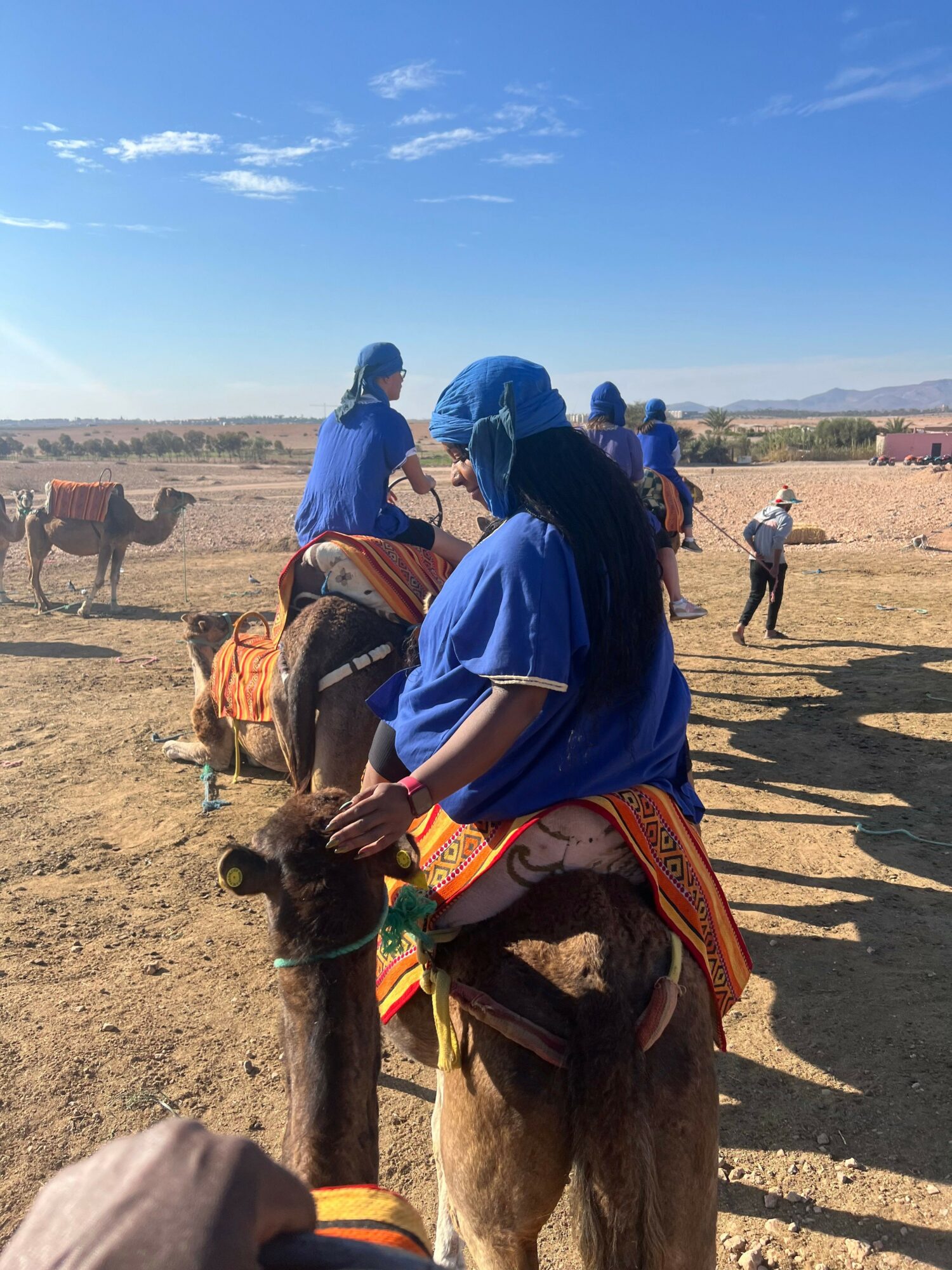 People and a horse outdoors on a sunny day, with a clear sky and open landscape.