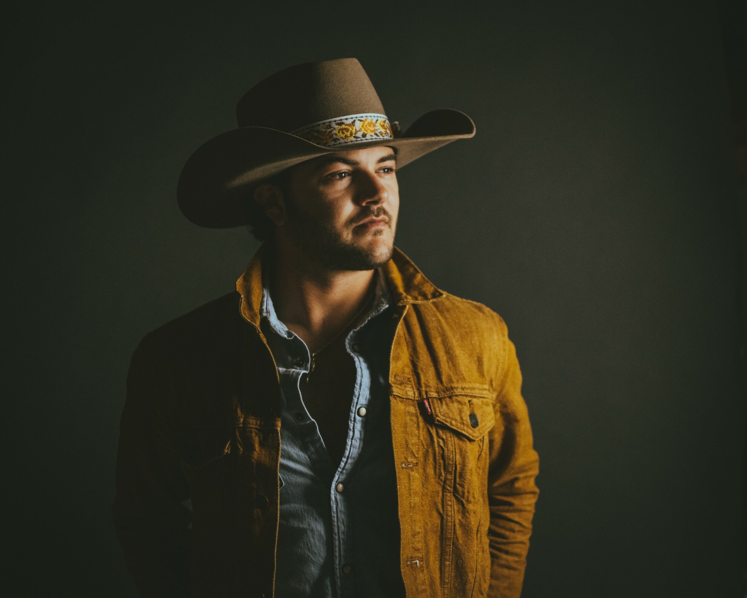 Man wearing a wide-brimmed hat and a brown jacket, looking to the side, with a dark background.