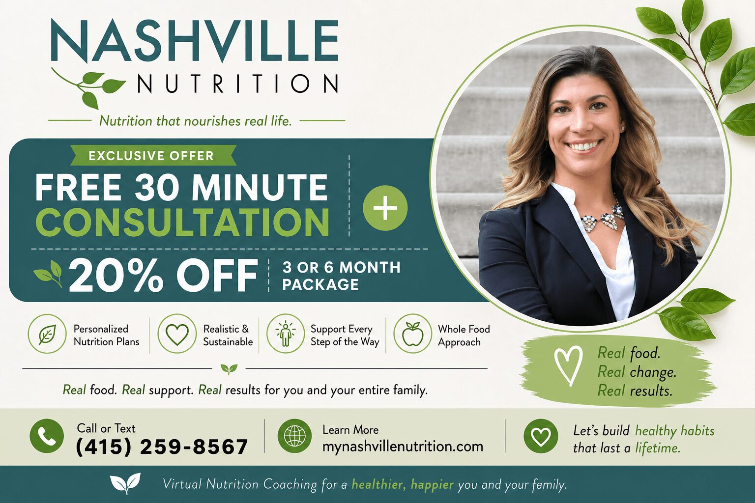 Nashville Nutrition advertisement with a smiling woman, offer details, contact info, and health icons.