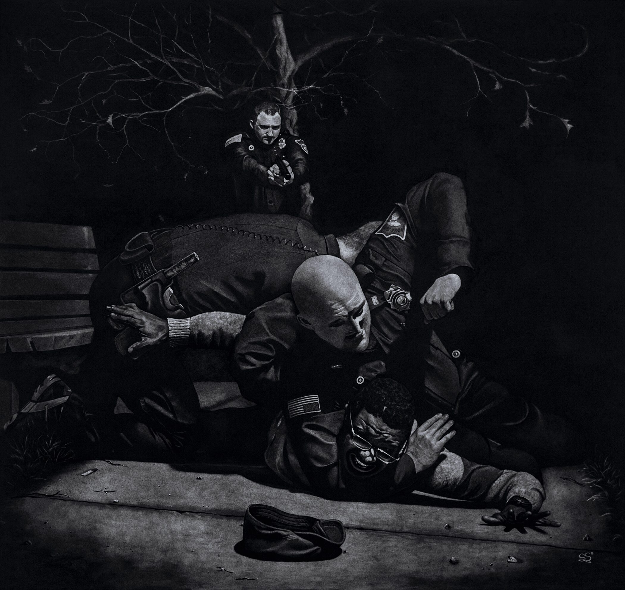 Three people on a bench at night, one lying down, one sitting, and one standing behind with tree branches above.