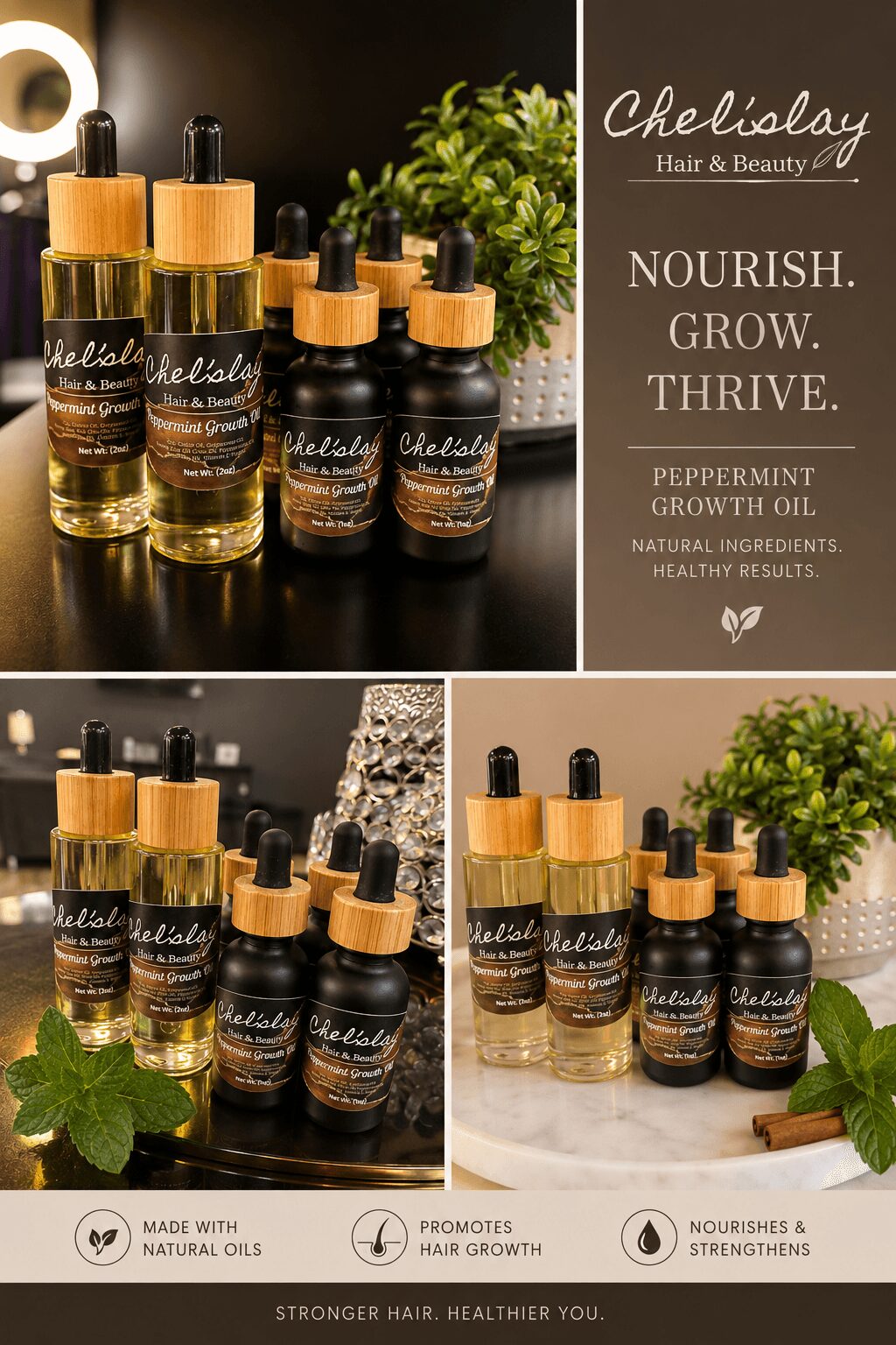 Collection of Chelisday hair and beauty products with bottles and a plant, promotional text on the right, natural setting.
