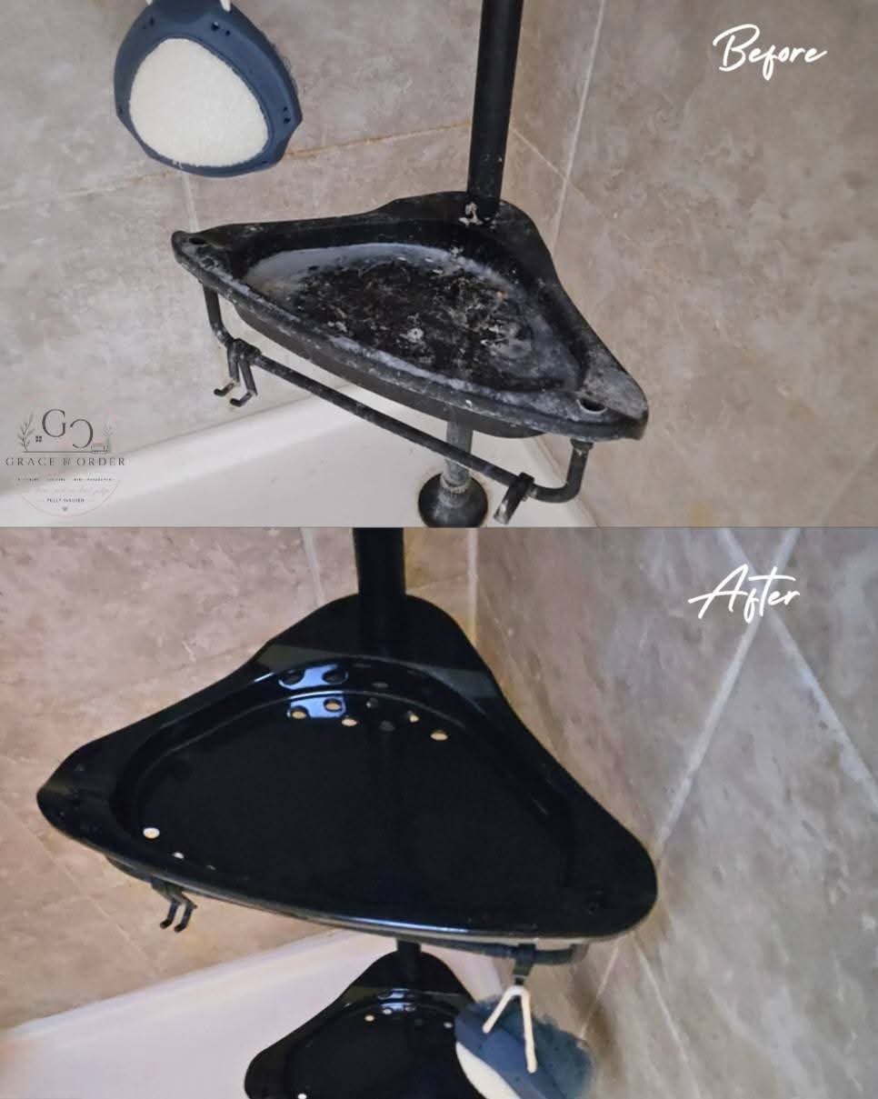 Comparison of a dirty, dusty mop bucket and a clean, shiny mop bucket in a bathroom corner.