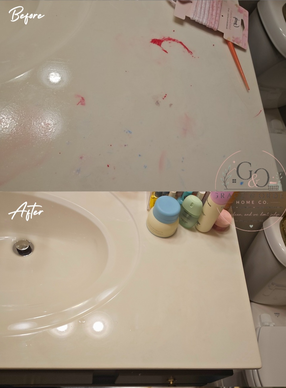 Clean bathroom countertop with soap bottles, sink, and a toilet in the background.