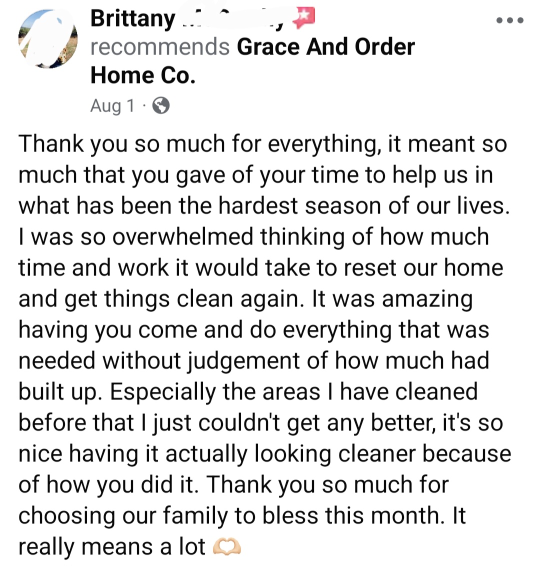 A Facebook post thanking someone for help with cleaning and organizing a home, expressing gratitude and appreciation.