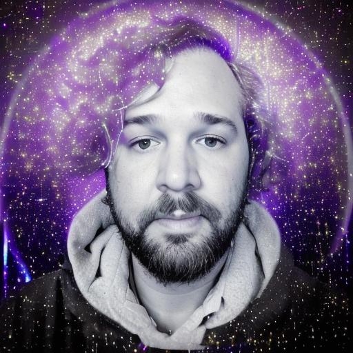 Black and white portrait of a man with a beard, surrounded by a purple galaxy with stars and cosmic dust.
