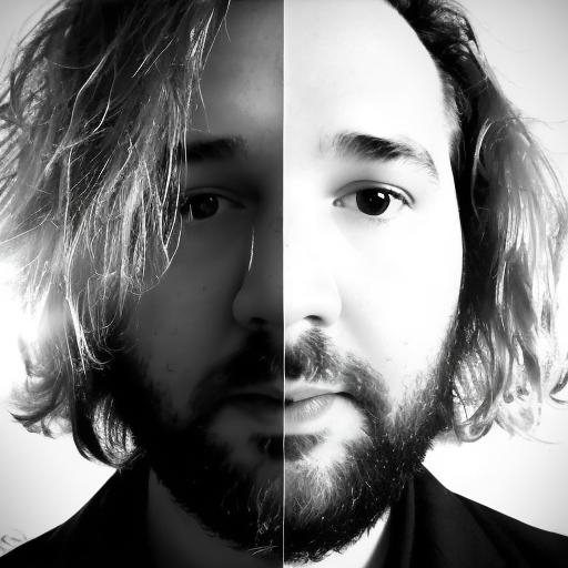 Split black and white portrait of a person with wavy hair and a beard, facing forward.