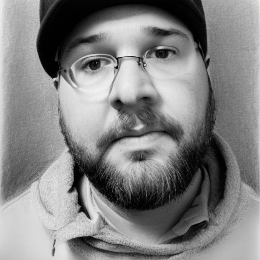 A person with glasses, a beard, and a beanie, looking directly at the camera, in black and white.