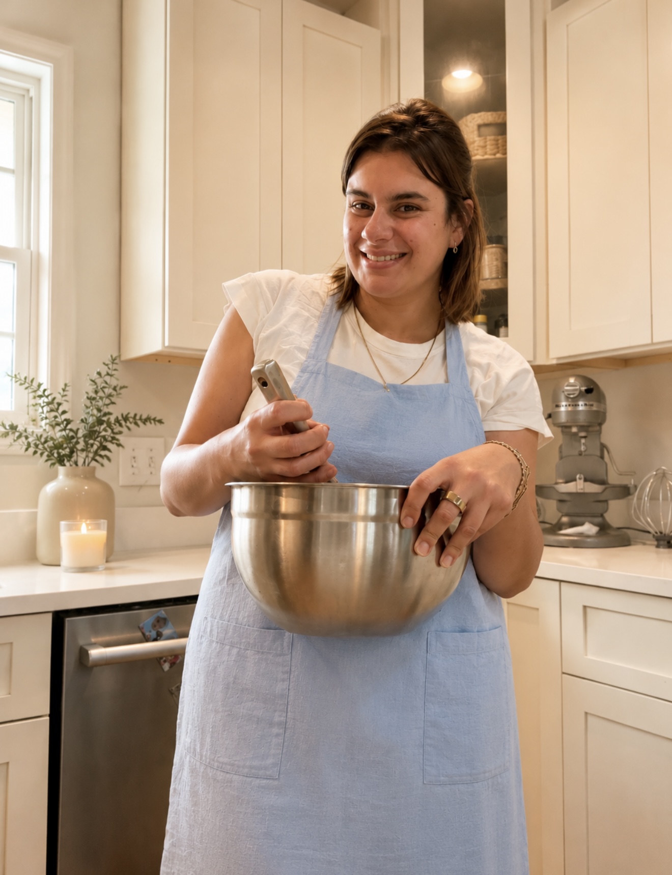 Woman smiling in kitchen, holding a mixing bowl and a whisk, wearing an apron, with cabinets and a plant in background.