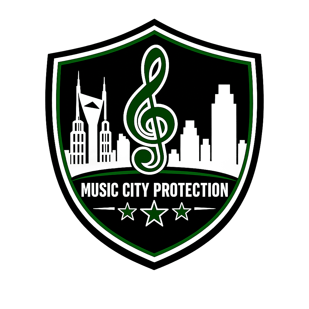 Shield-shaped logo with a treble clef, city buildings, and text 'Music City Protection' with three stars below.