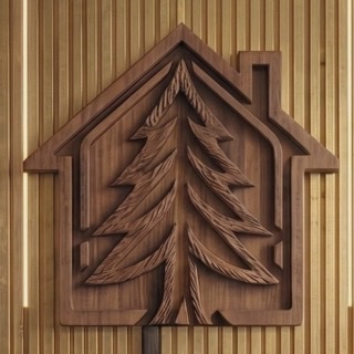 Wooden house-shaped wall art with a carved pine tree in the center, mounted on a vertical striped wooden background.