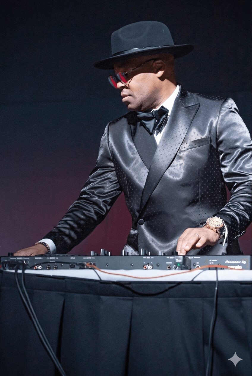 Person wearing a black hat, sunglasses, and a shiny black suit, operating DJ equipment on stage.