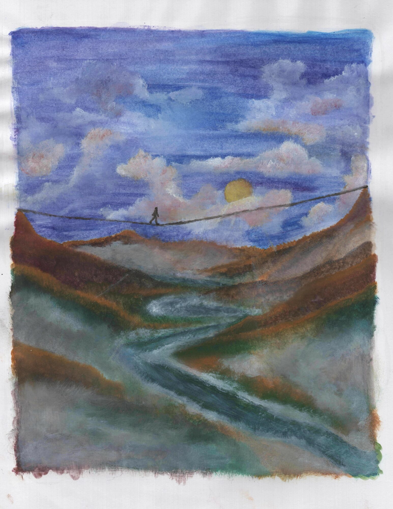 Landscape painting of mountains, sky with clouds, and a winding river, with a person walking on a path, sun in the sky.