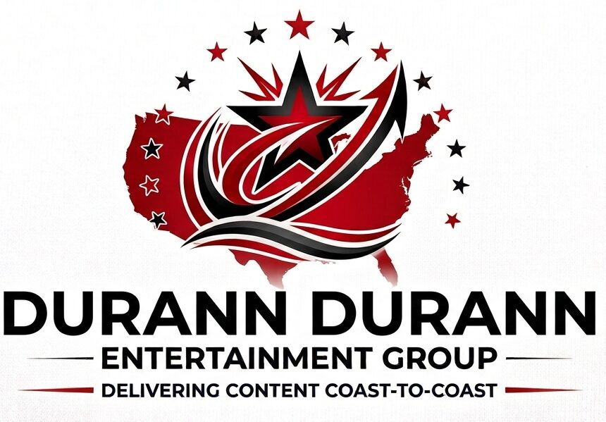 Logo with a star, a map outline, and text reading Durann Durann Entertainment Group, with tagline about content delivery.