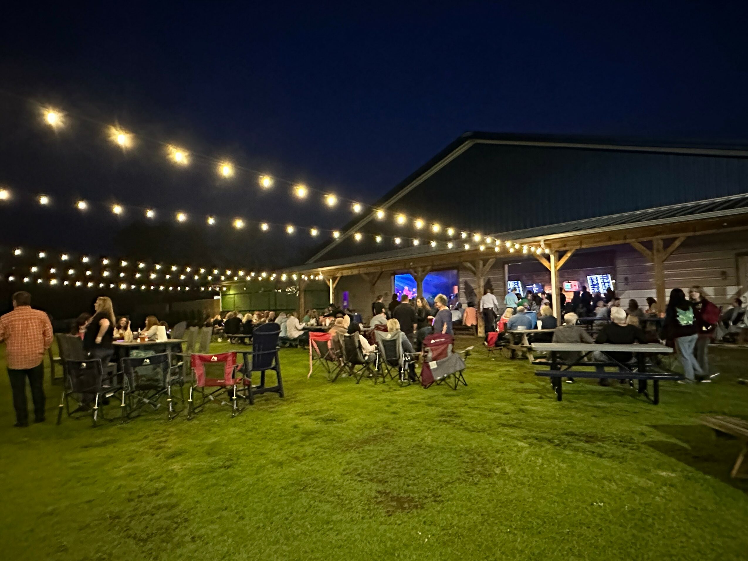 Outdoor gathering with people seated at tables under string lights at night, on a grassy area near a building.