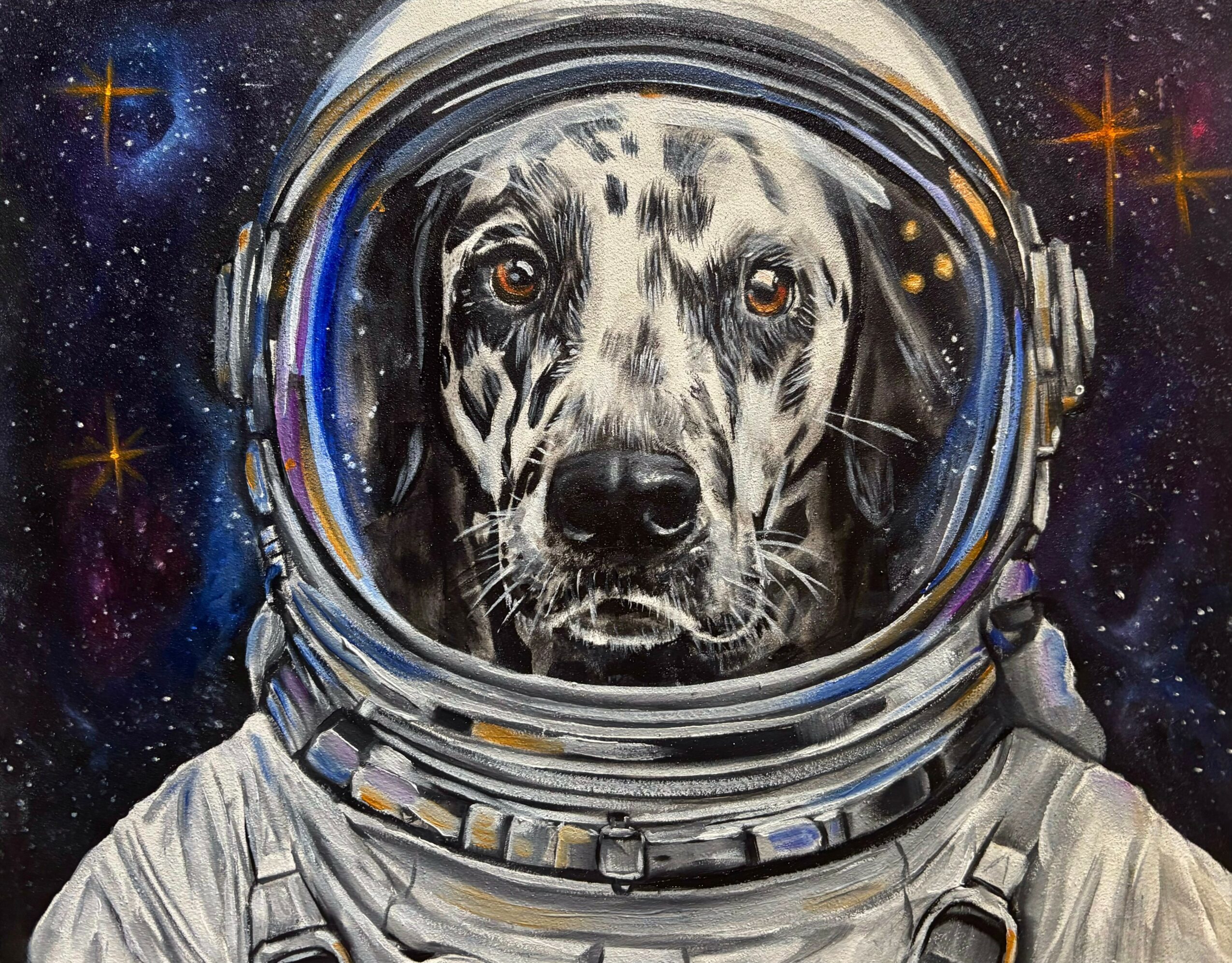 Dog wearing an astronaut helmet in space with stars and planets background, realistic painting style.