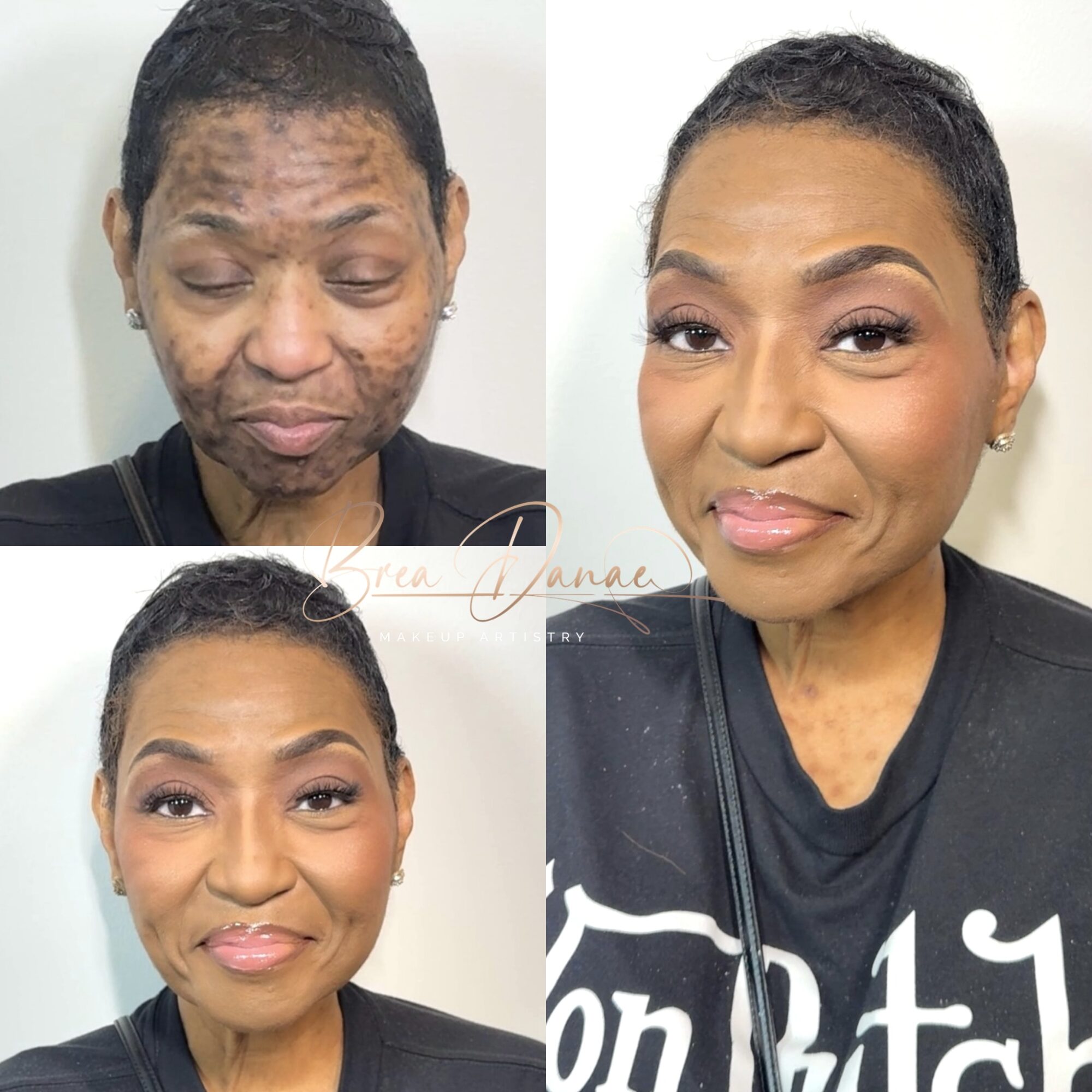 Sequence of three images showing a woman before and after makeup application, smiling in the final photo.