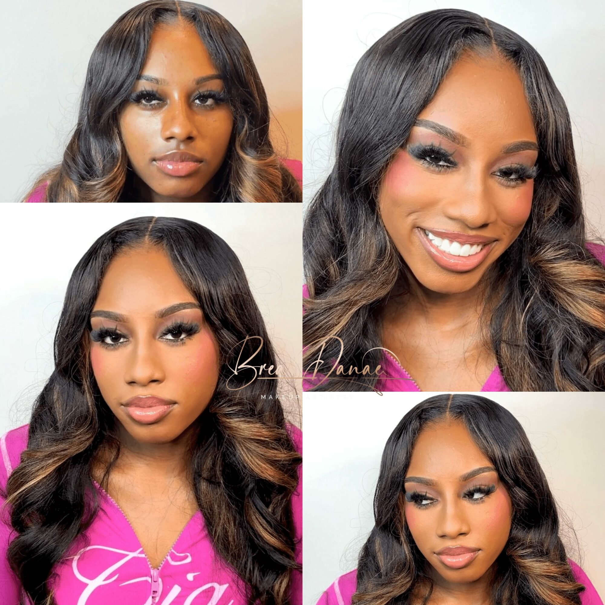 Four images of a woman with long, wavy hair, smiling and posing, wearing a pink top, with makeup and styled hair.