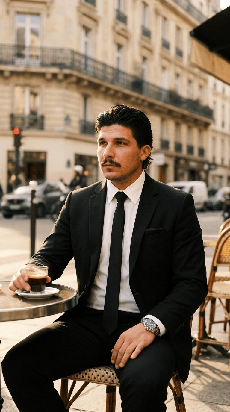 Man in black suit and tie sitting at an outdoor cafe table holding a glass, with city buildings in background.