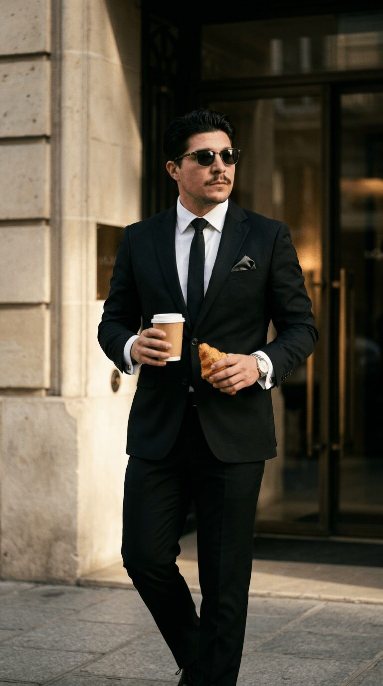 Man in black suit holding coffee and pastry, wearing sunglasses, walking outside a building with stone walls.
