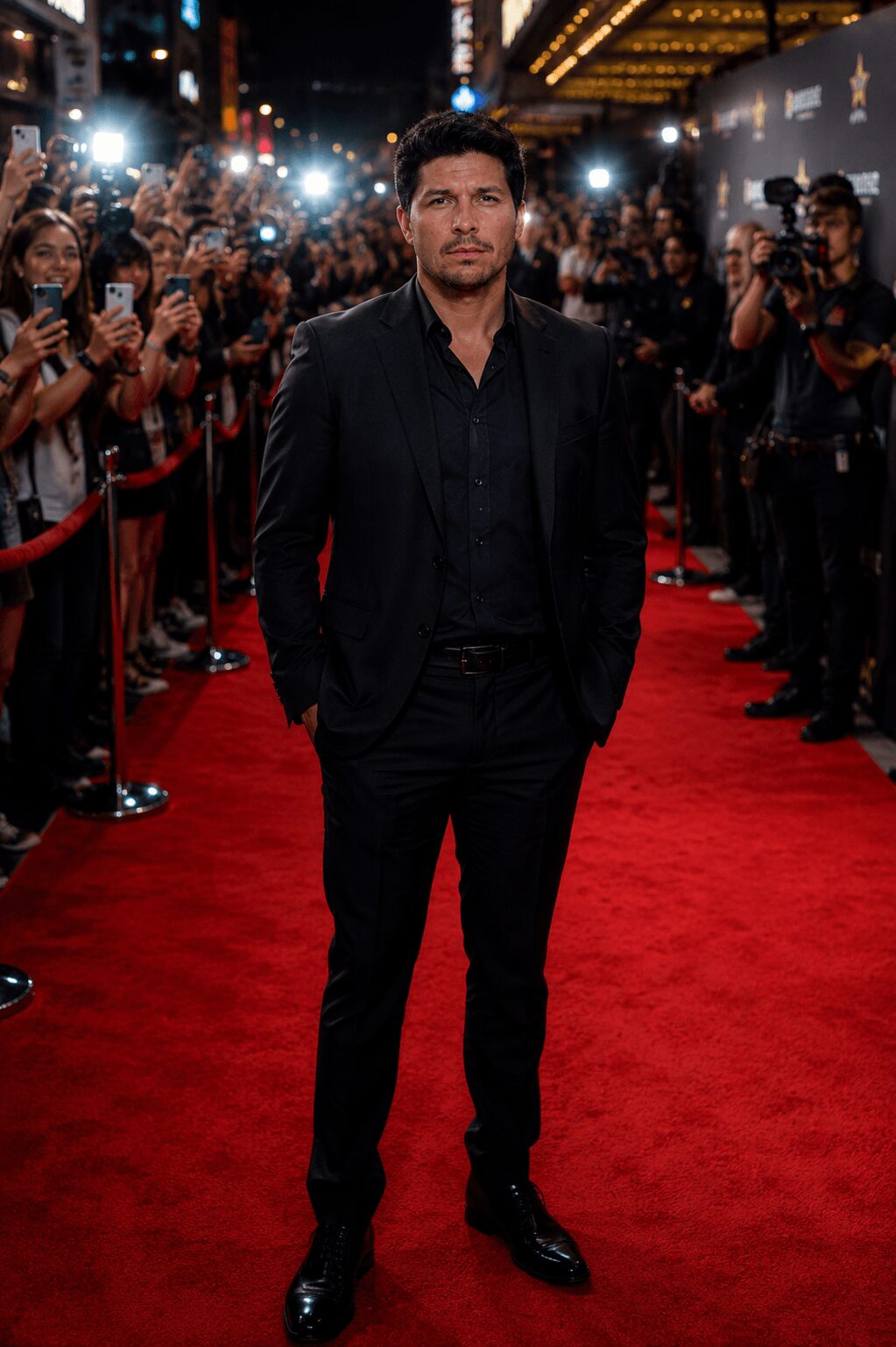 Man in black suit standing on red carpet with crowd and photographers in background.