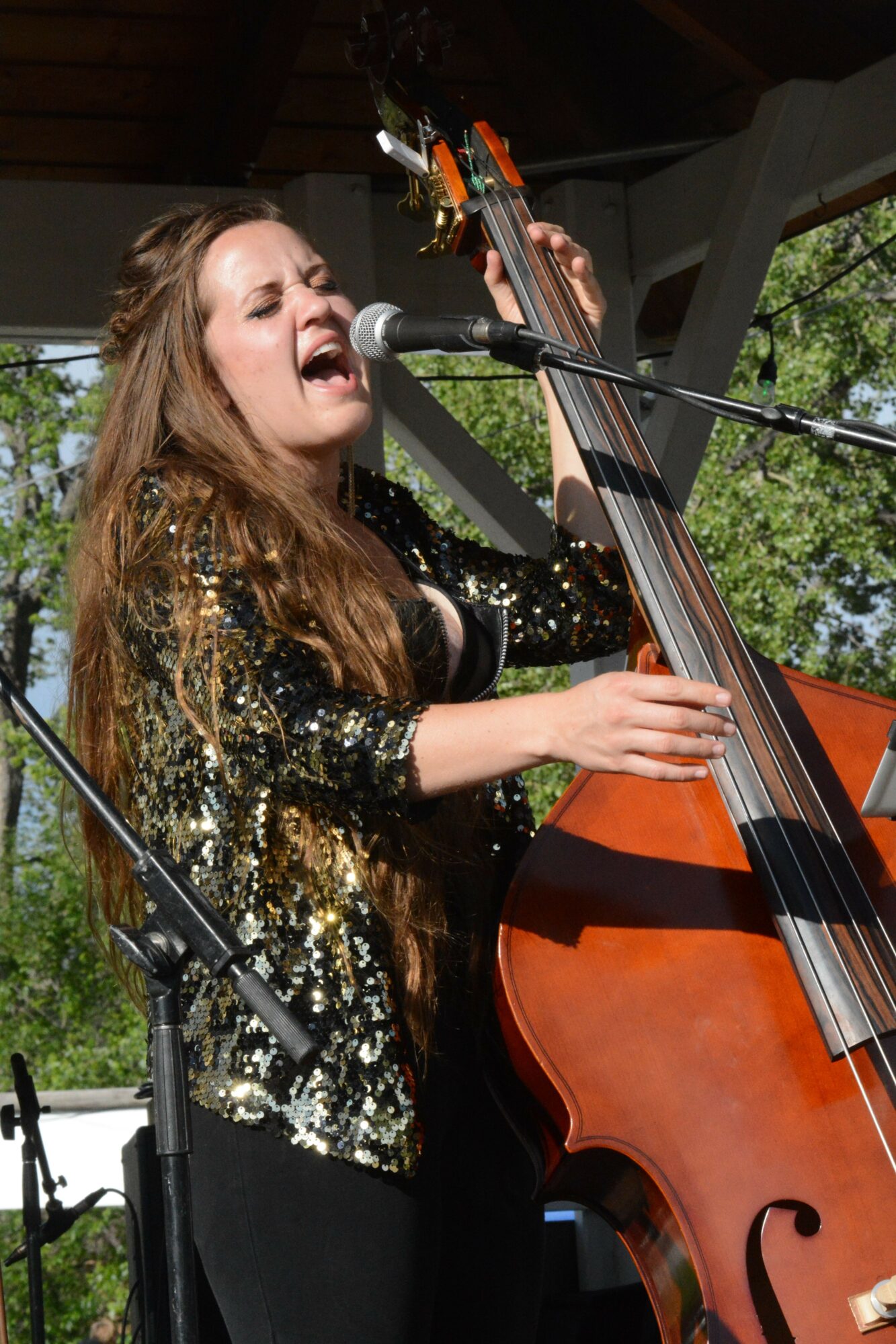 Woman singing into a microphone while playing a double bass outdoors, wearing a black and gold dress.