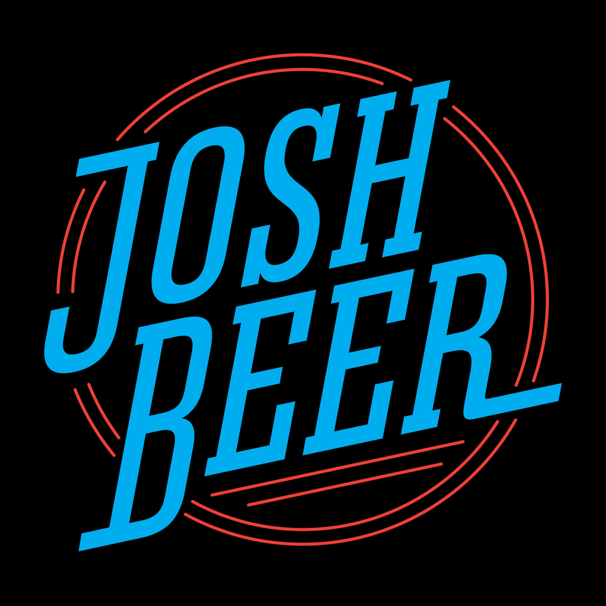 Text logo with blue letters 'JOSH BEER' on black background, surrounded by red circular lines.