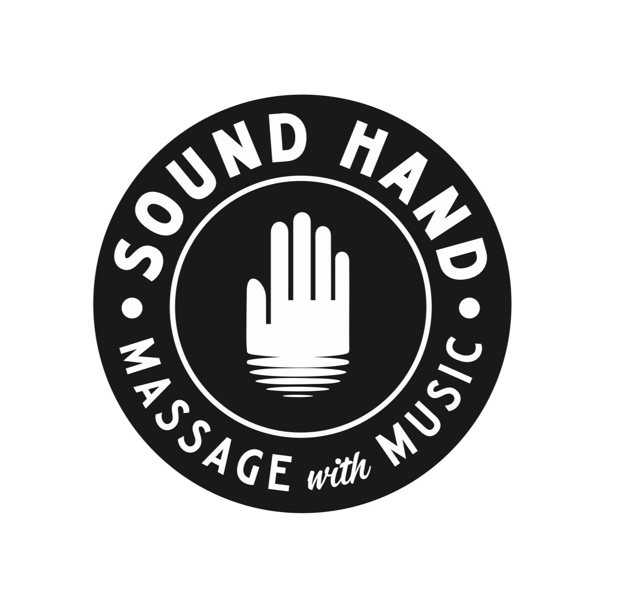 Black circular logo with a hand in the center, surrounded by text: 'SOUND HAND' at the top and 'MASSAGE with MUSIC' at the bottom.
