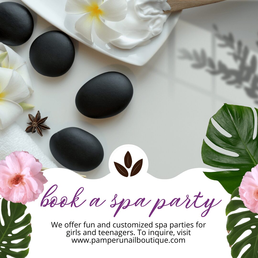 Spa-themed flat lay with black stones, white flowers, star anise, and green leaves, with purple text about booking spa parties.