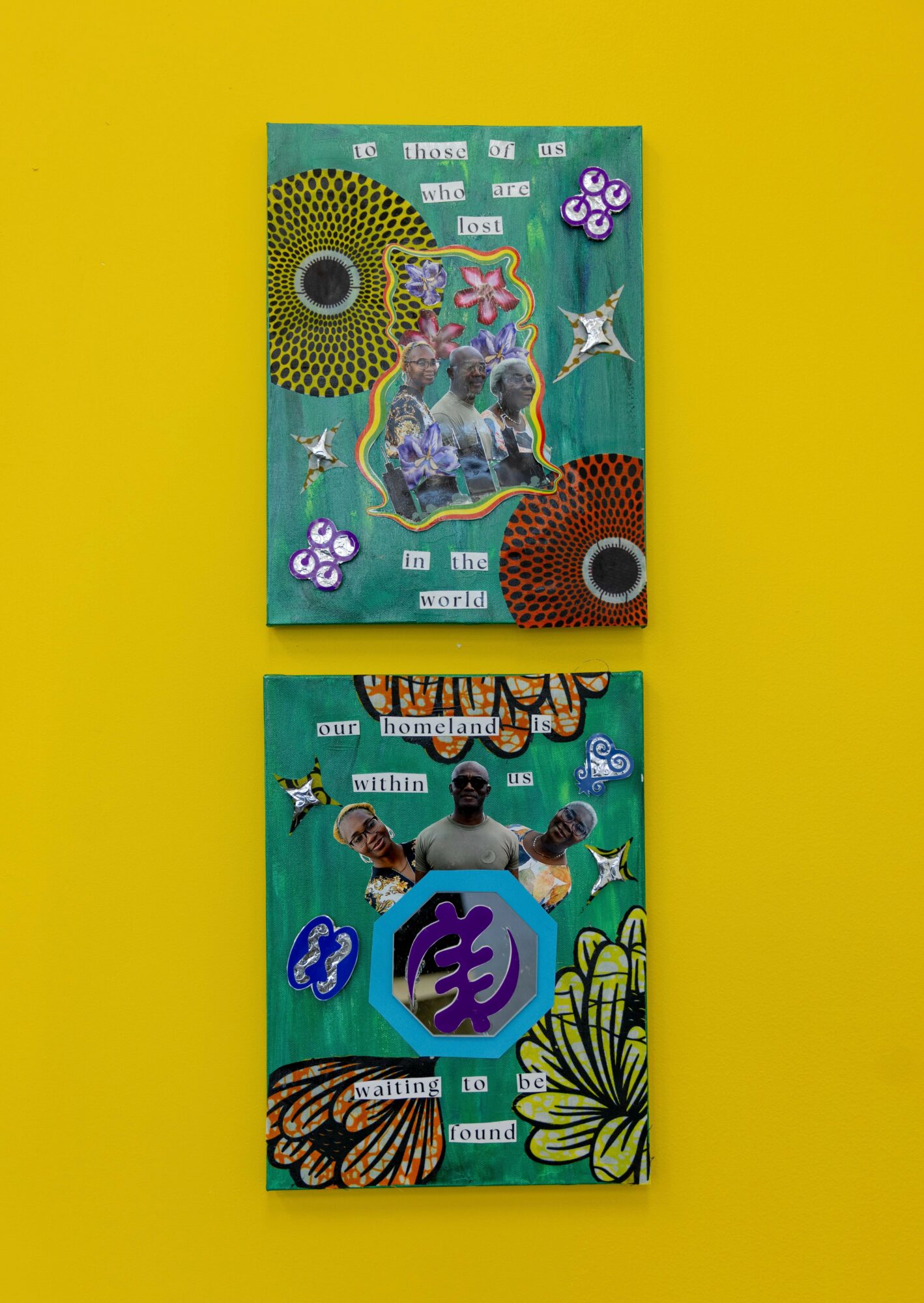 Two colorful illustrated cards on a yellow background, featuring abstract designs, animals, and a person with arms outstretched.