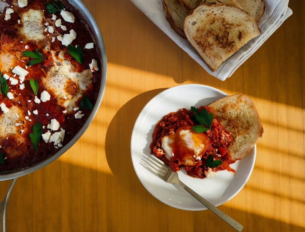Plate with baked dish topped with cheese and herbs, bread on side, and a basket of bread on wooden table.