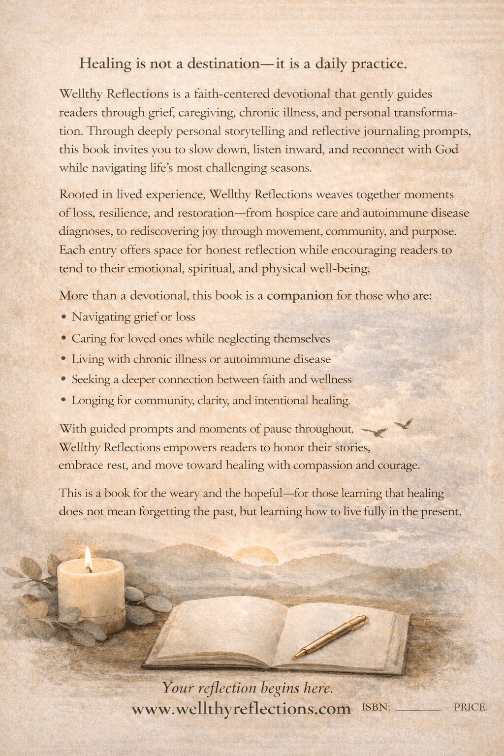 Open book and lit candle on a table, with printed text in the background, and a reflection of the candle on the surface.