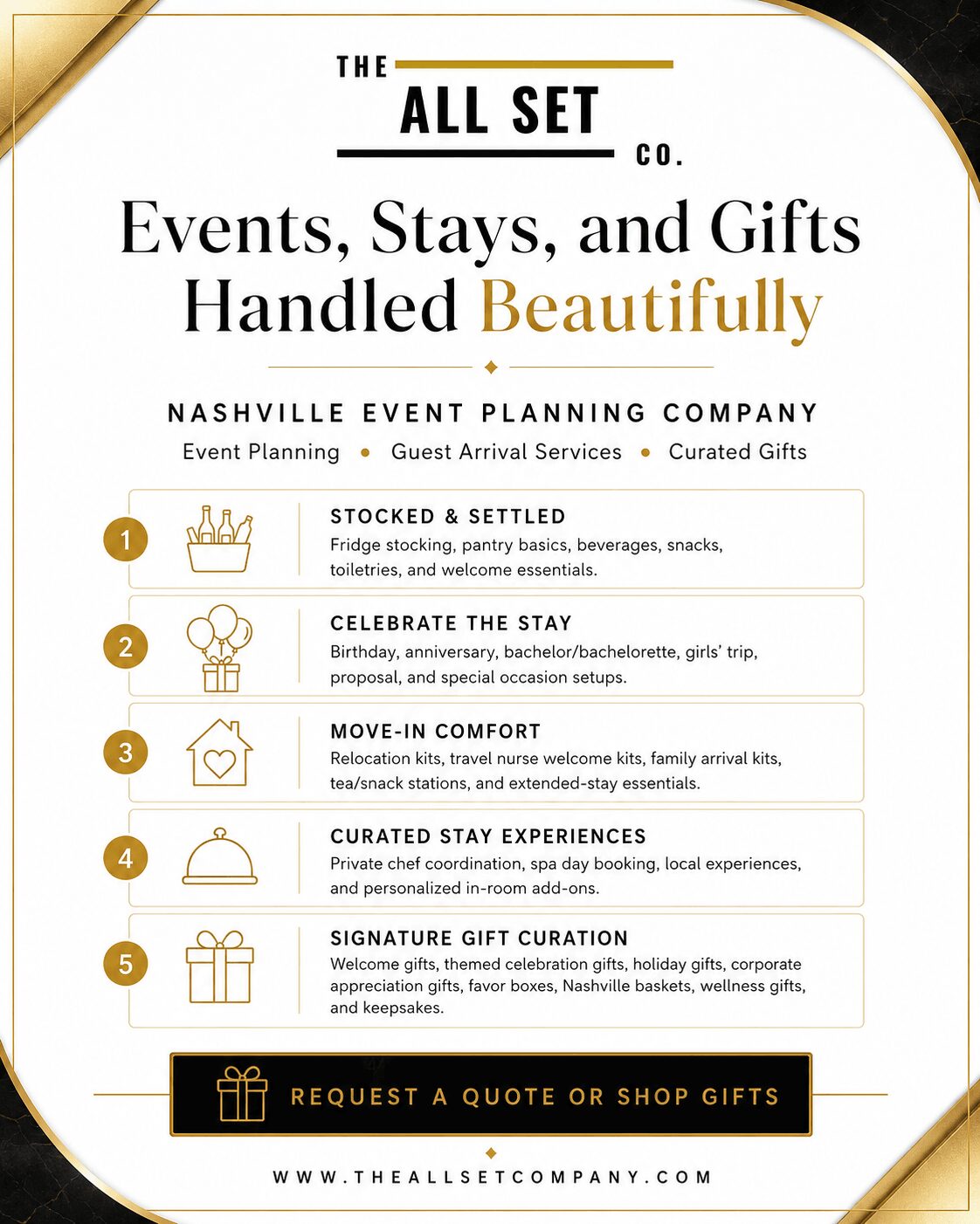 Event planning company flyer with gold accents, listing services like storage, celebration, and gift experiences, and a request quote button.
