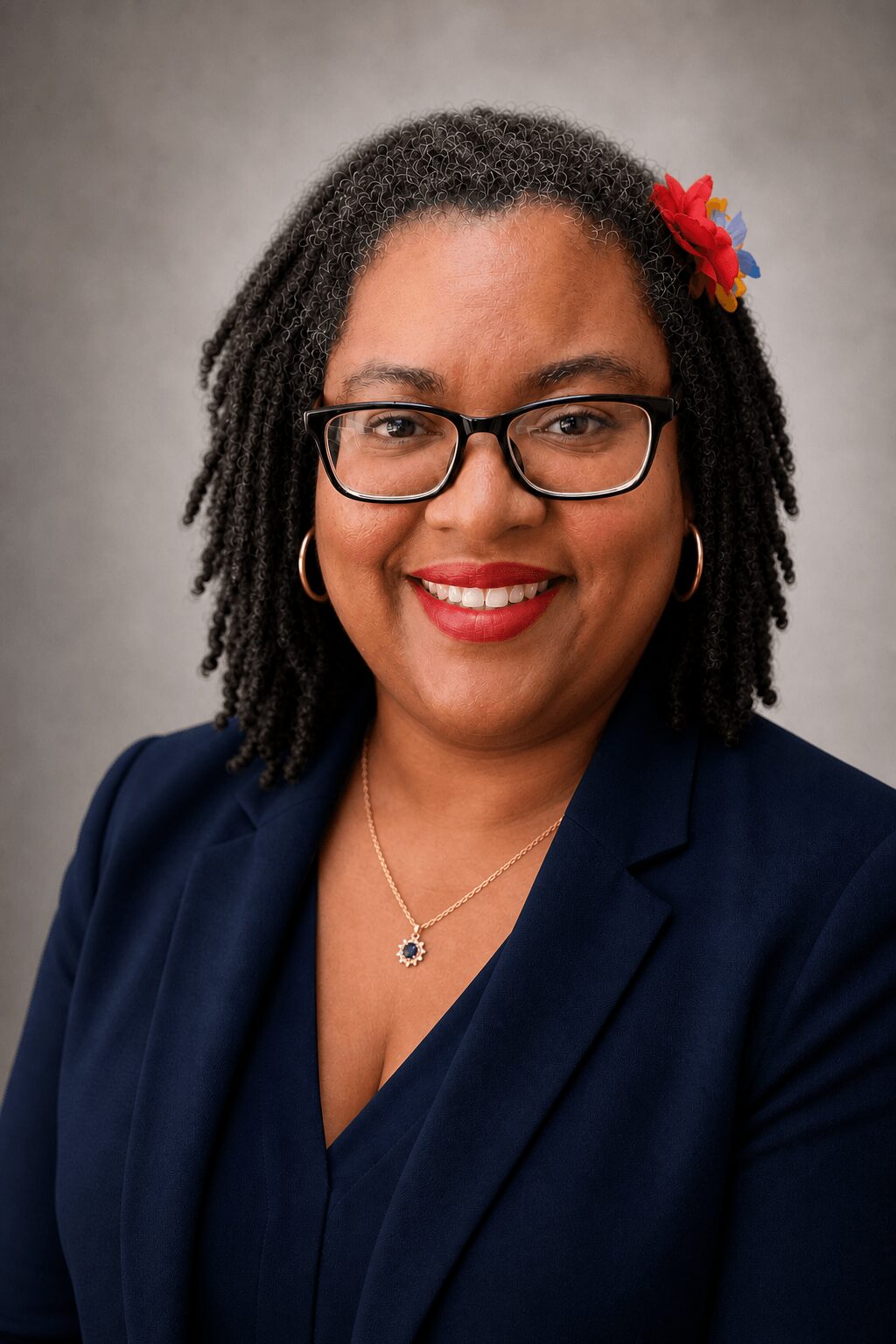 Portrait of a woman with glasses, wearing a dark blazer, smiling, with a red flower in her hair, against a neutral background.