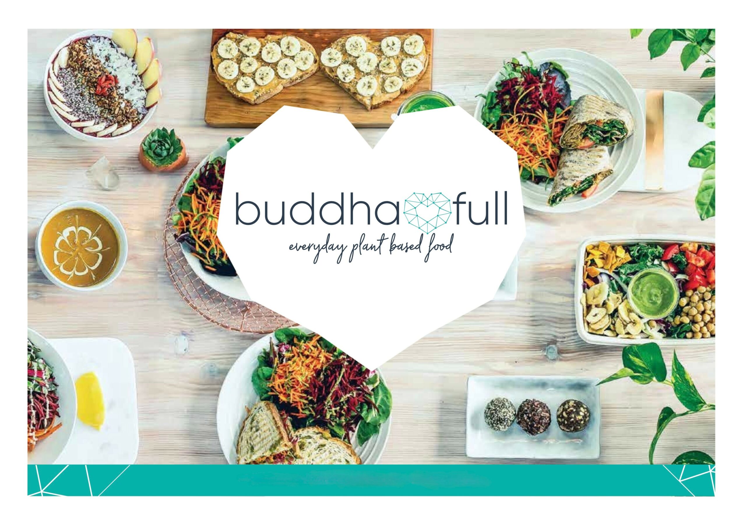Assorted bowls of colorful salads and sushi on a light wooden table with a logo in the center.