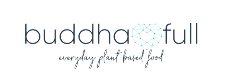 Logo with the words 'buddha full' and a geometric heart shape, with the tagline 'everyday plant based food'.